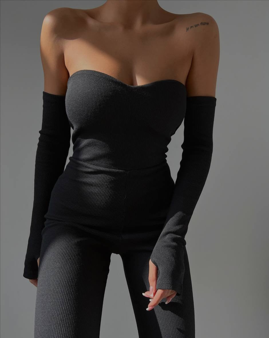 PRE-ORDER True Ribbed Off-Shoulder Full-Sleeve Jumpsuit - Black