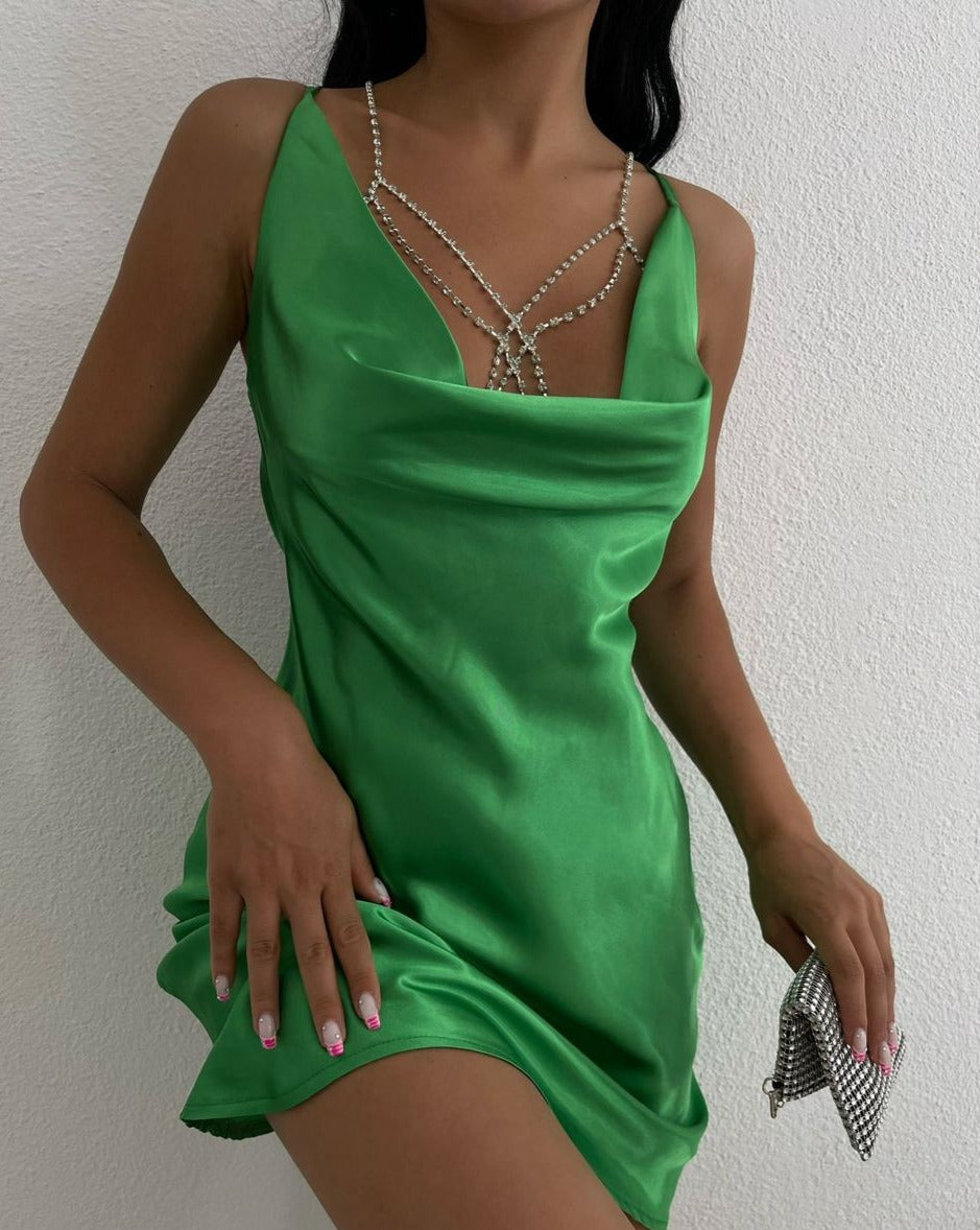 Dresses wedding fashion prom bridesmaid elegant 90’s beachy hyper beast glitzy glam sexy alluring Women Instagram baddie Cowl Front Satin Slip Mini Dress crisscross Open Back green evening holiday party birthday vacation Chic sexy a line low cut sleeveless, wedding guest, night out, backless, plain, solid, lace up, skinny,drapped collar, Glamorous cami slight stretchy summer spring homecoming dance outfit dresses casual trendy