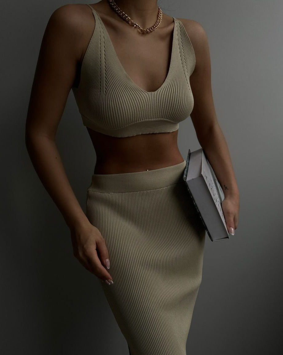 PRE-ORDER Ibiza Crop Top & Slit Maxi Skirt Set Beige