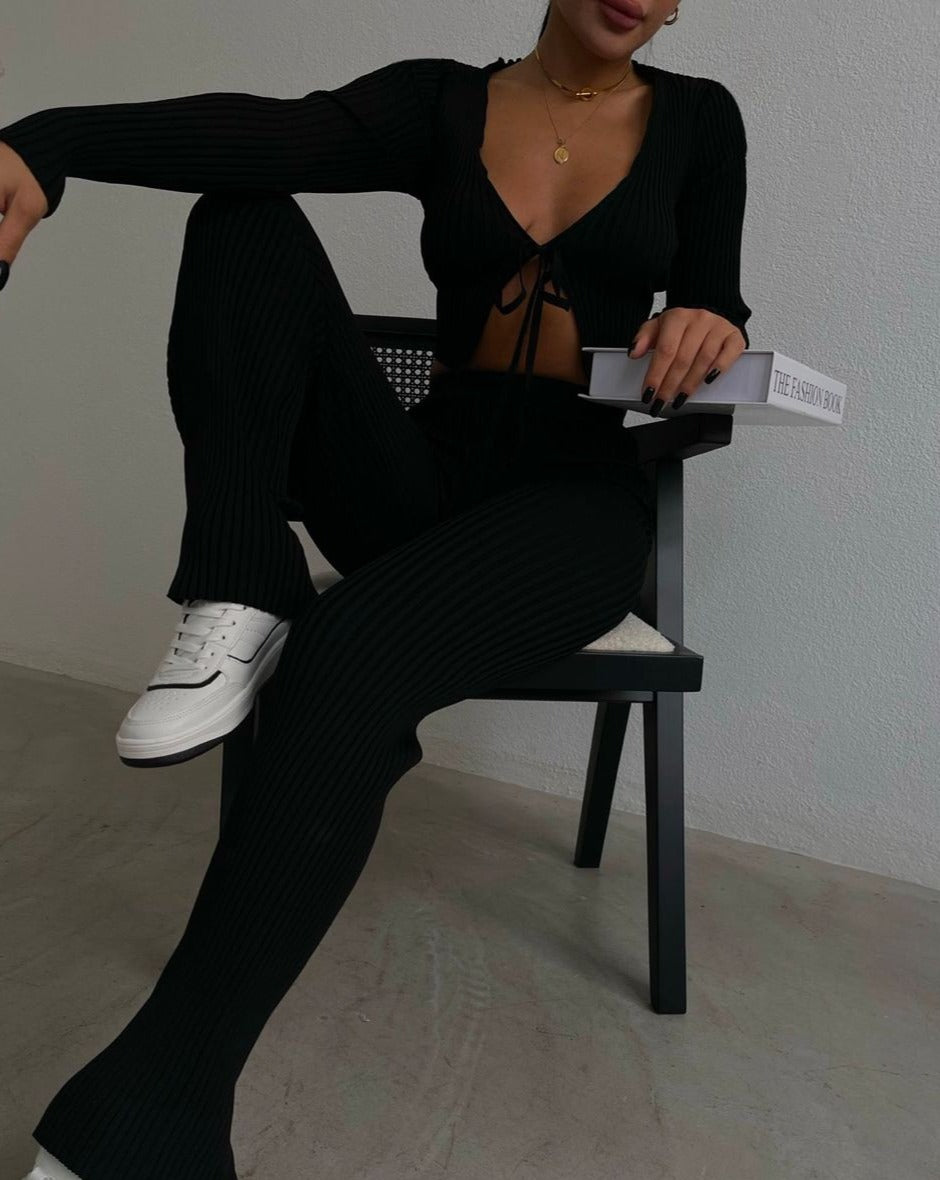 "Aaliyah black ribbed knit co-ord set with crop top and pants"