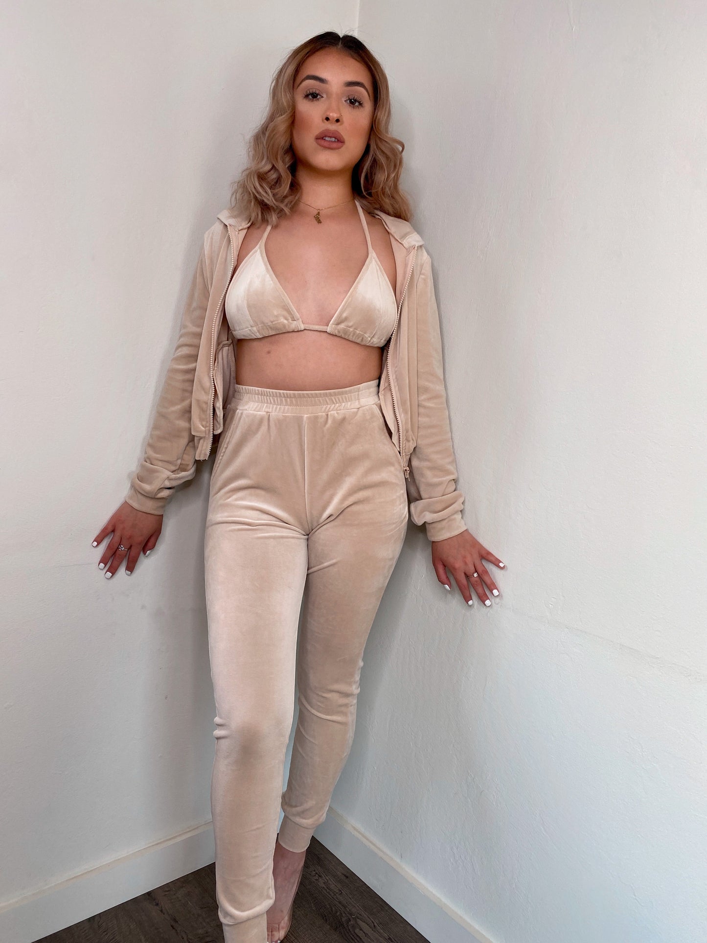 Close-up view of the Aspen 3 Piece Velour Set, highlighting the luxurious velour material and stylish design.