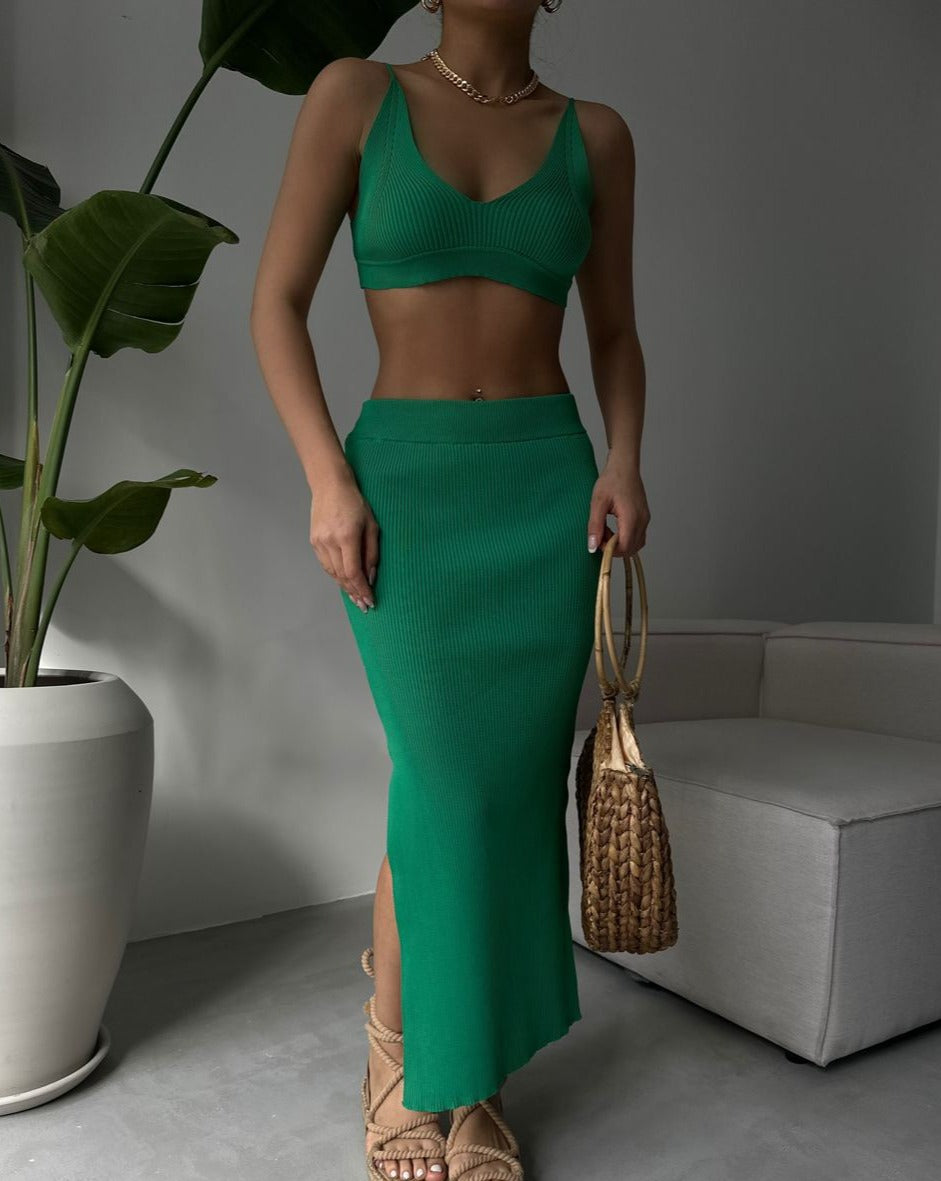 PRE-ORDER Ibiza Crop Top & Slit Maxi Skirt Set Green