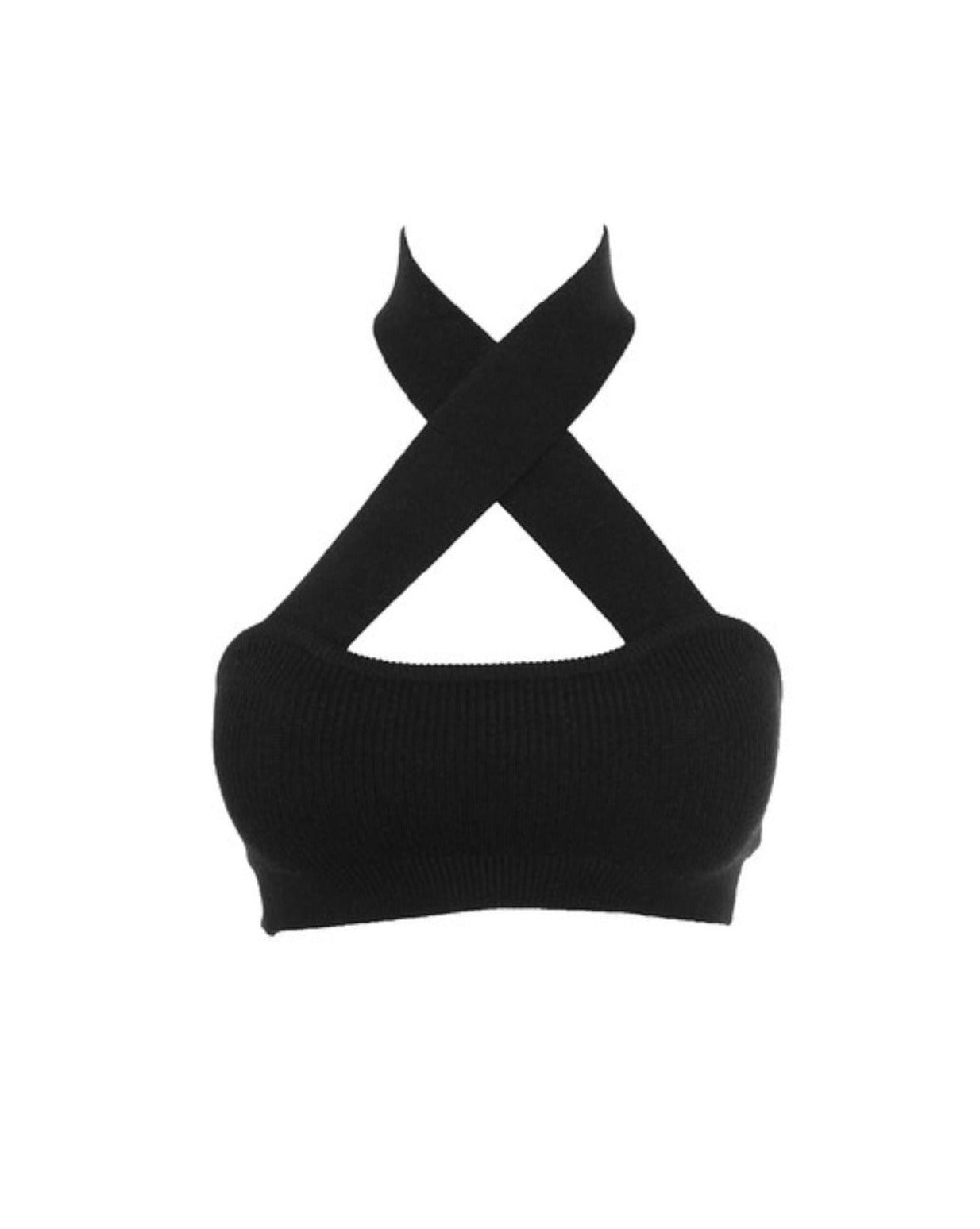 BLACK RIB KNIT HALTER TWIST CROP TOP