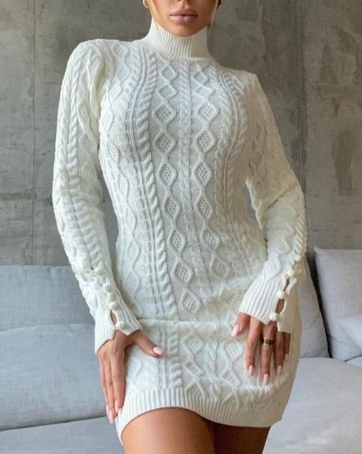 Dream Cable Knit Turtle Neck White Sweater Mini Dress