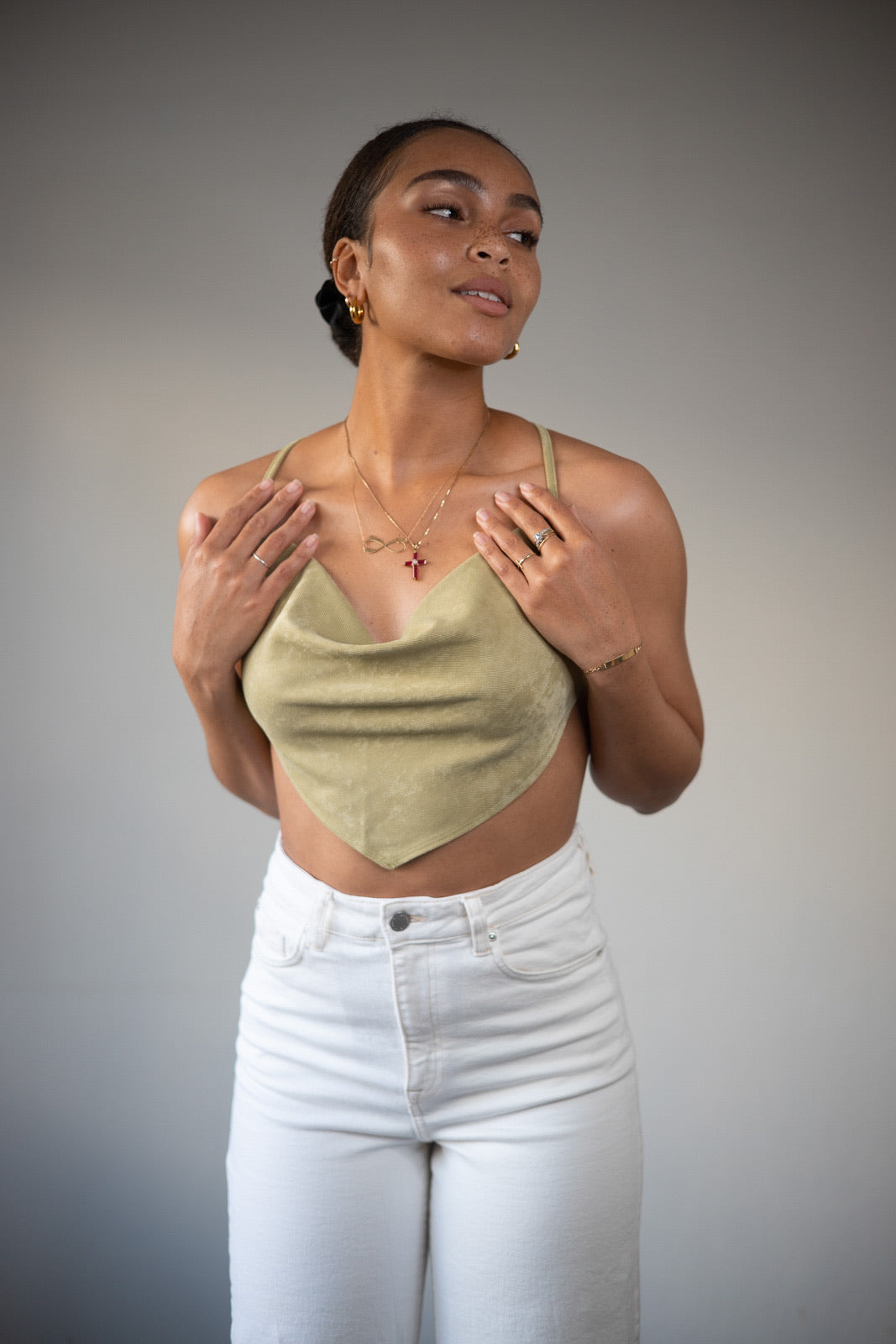 Stylish avocado green corduroy scarf-style crop top