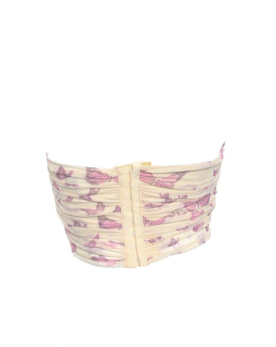 Women's trendy stylish white pink butterfly print semi-sheer bodice bustier style corset crop top for going out birthday party date night dinner white pink butterfly print wear out club outfits chic free spirit airport outfit luxe soft girl everyday stylish fashion inspo vacation summer spring clothes Instagram baddie aesthetic brunch college party fits Cancun Cabo Bahamas casual chill tropical vacation cute Greece looks elegant sleeveless gorgeous womens sexy fit