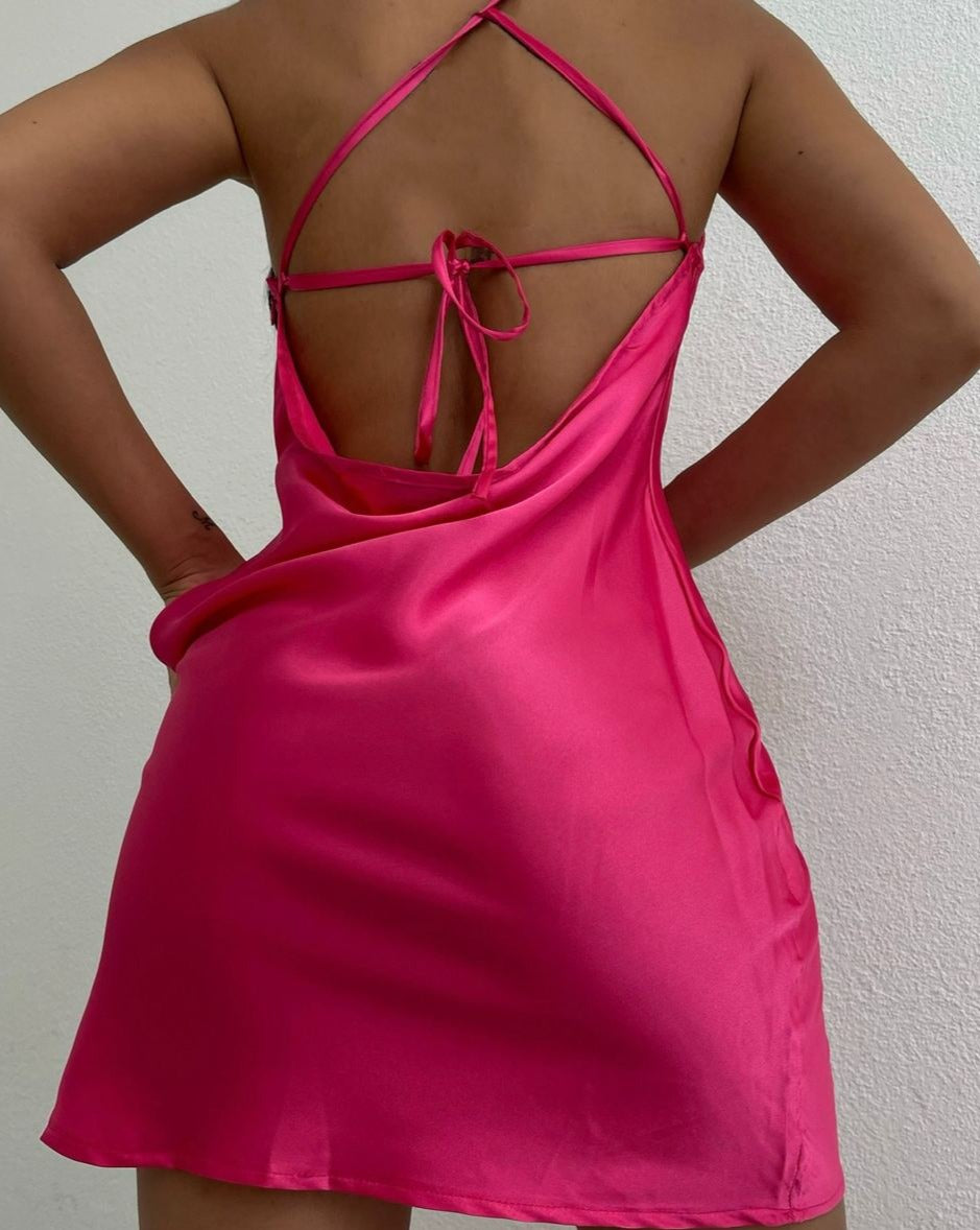 Dresses wedding fashion prom bridesmaid elegant 90’s beachy hyper beast glitzy glam sexy alluring Women Instagram baddie Cowl Front Satin Slip Mini Dress crisscross Open Back Fuchsia pink evening holiday party birthday vacation Chic sexy a line low cut sleeveless, wedding guest, night out, backless, plain, solid, lace up, skinny,drapped collar, Glamorous cami slight stretchy summer spring homecoming dance outfit dresses casual trendy