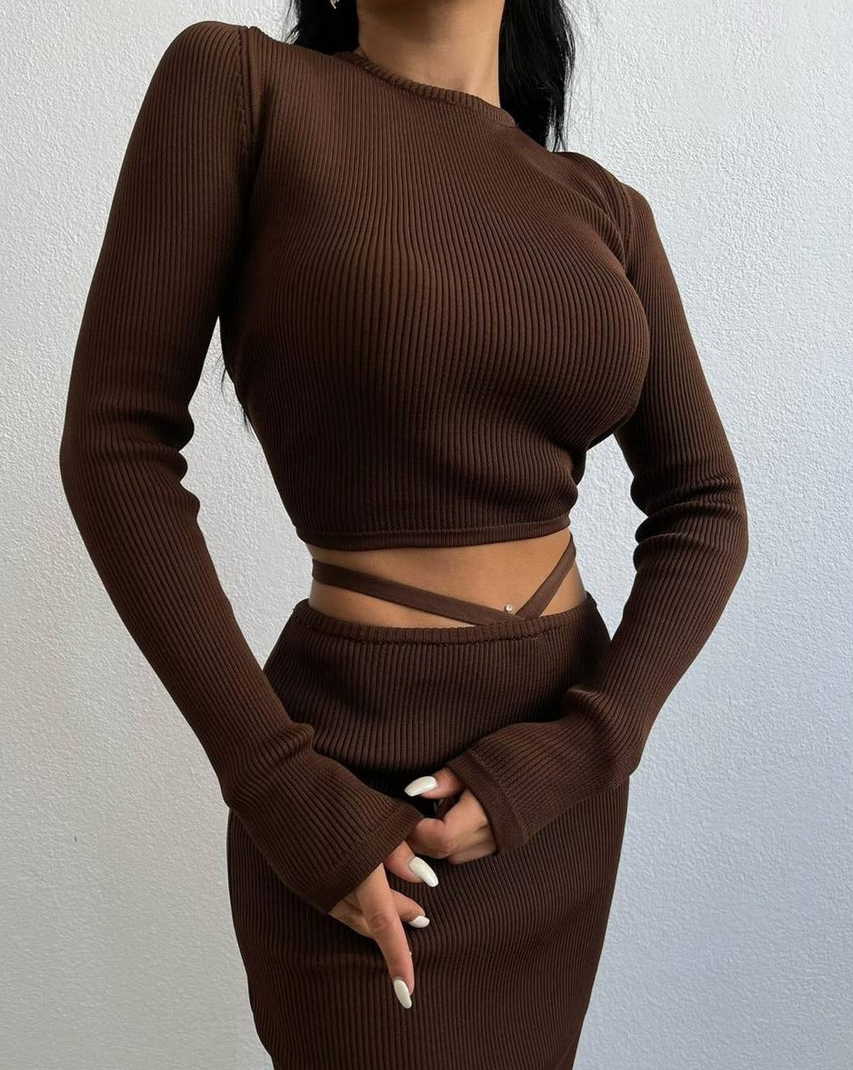 Stylish spring/summer outfit featuring Gisele Brown Knit Crop Top & Maxi Skirt Set
