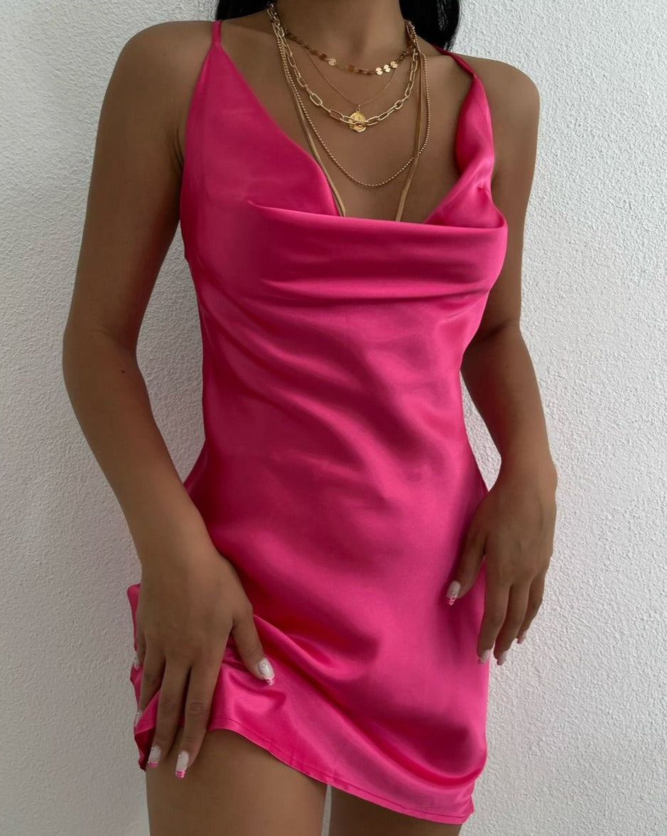 Dresses wedding fashion prom bridesmaid elegant 90’s beachy hyper beast glitzy glam sexy alluring Women Instagram baddie Cowl Front Satin Slip Mini Dress crisscross Open Back Fuchsia pink evening holiday party birthday vacation Chic sexy a line low cut sleeveless, wedding guest, night out, backless, plain, solid, lace up, skinny,drapped collar, Glamorous cami slight stretchy summer spring homecoming dance outfit dresses casual trendy