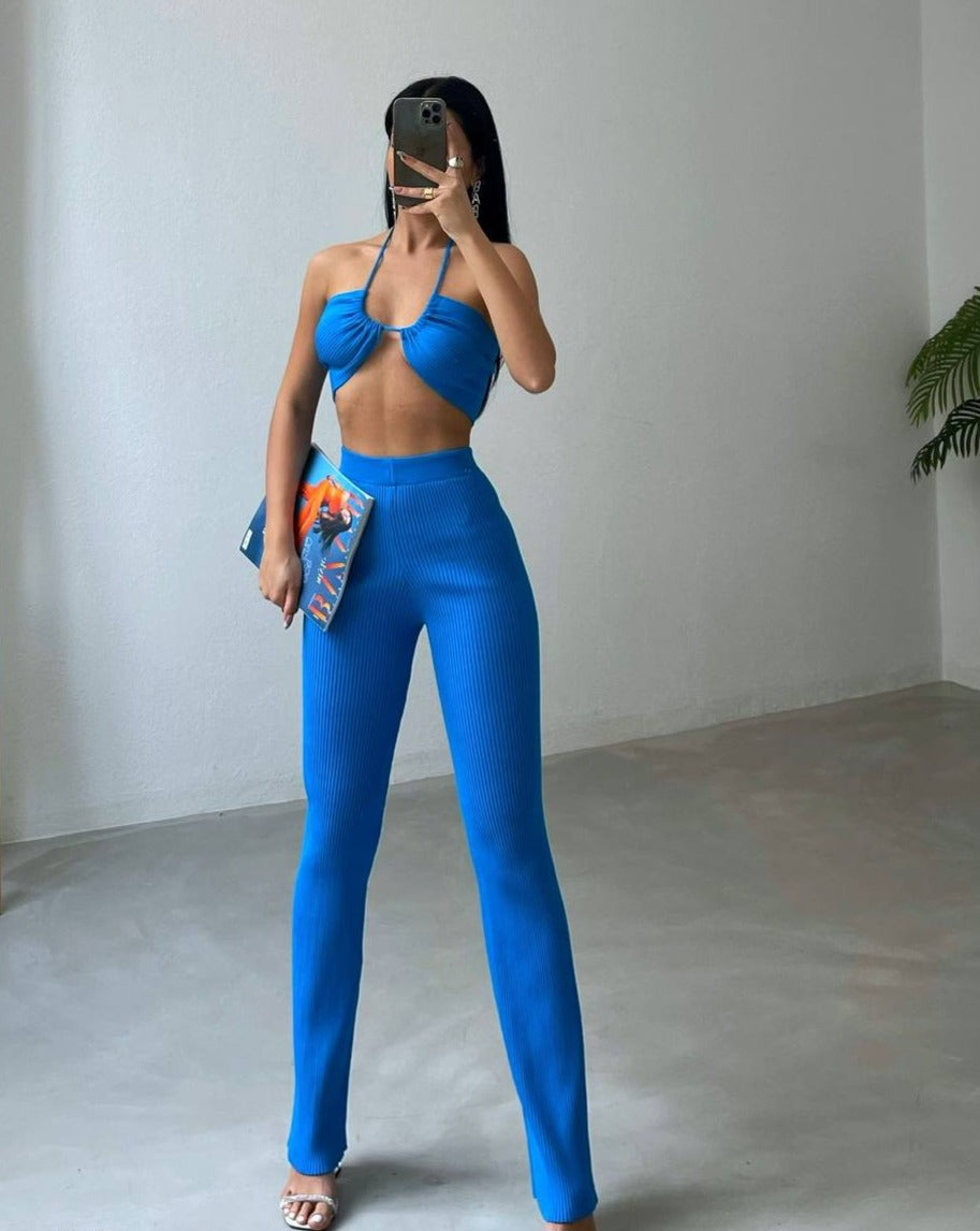 Nadia Knit Ribbed Halter Crop Top & Pant Set - Blue