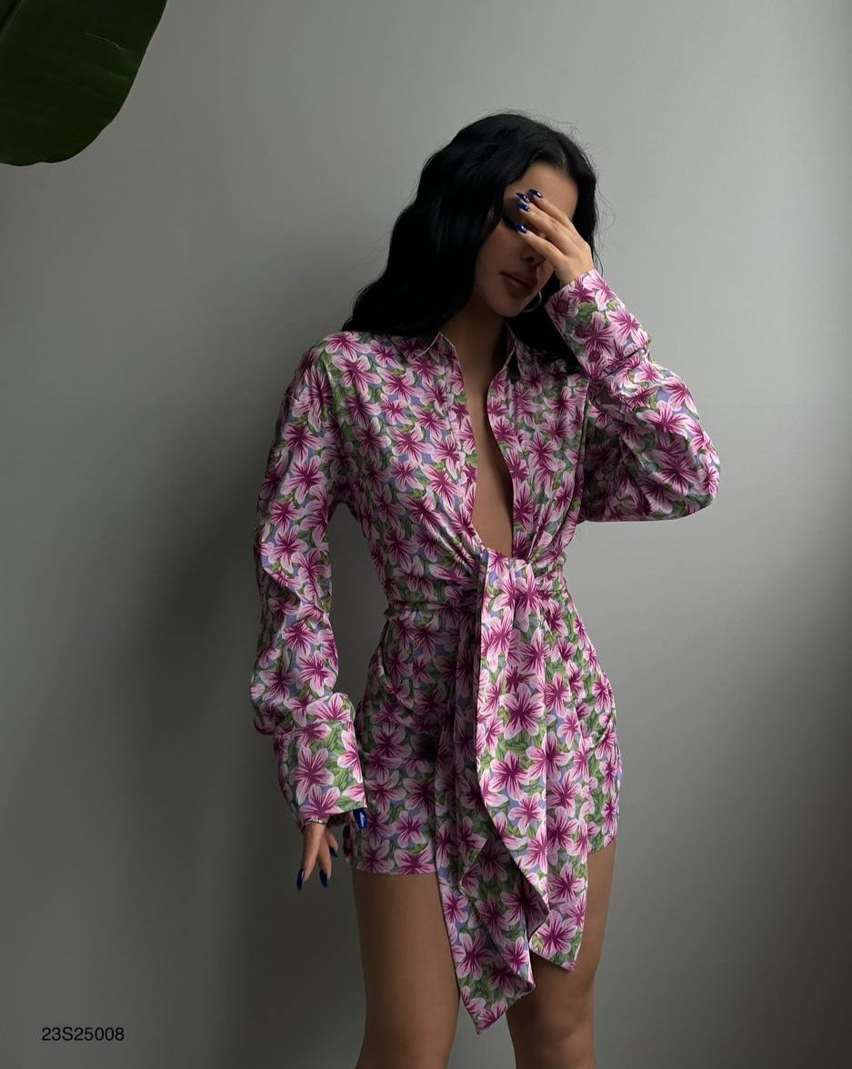 Twilight Garden Bound Mini Dress with an enchanting purple and green floral print and center front tie