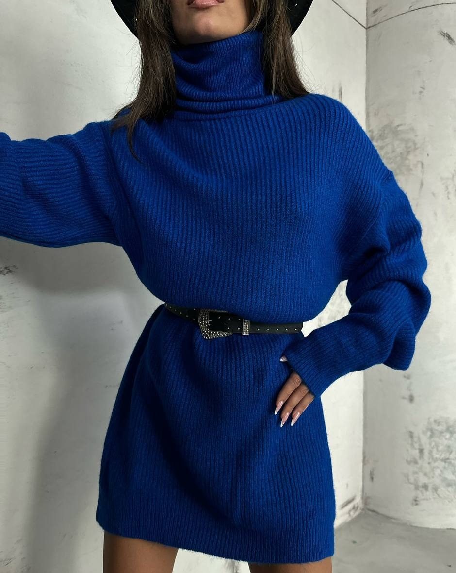 Close-up detail of the Kai Blue Turtleneck Sweater Tunic Mini Dress, focusing on the premium material and craftsmanship, exclusive to Mutu shop.
