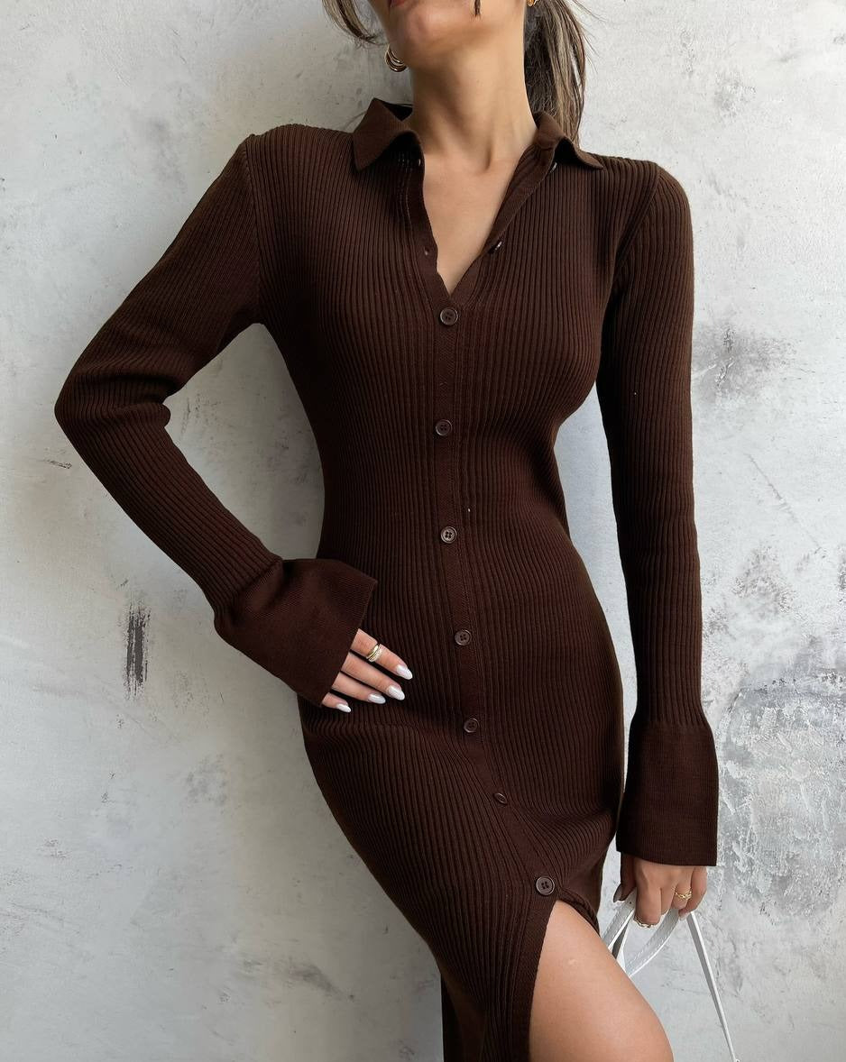 Front view of Soiree Ribbed Knit Maxi Dress in Rich Brown