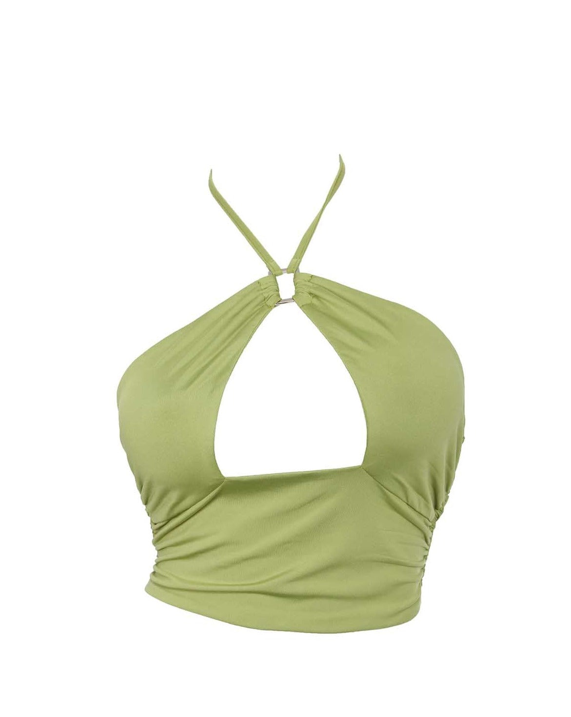 Avocado halter crop top with metal trim and tie detail.