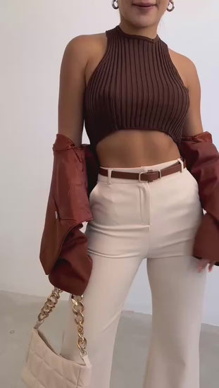 Video showcasing the Raylin Brown Ribbed Knit Crop Top, highlighting its stylish high neck, fitted silhouette, and ribbed texture