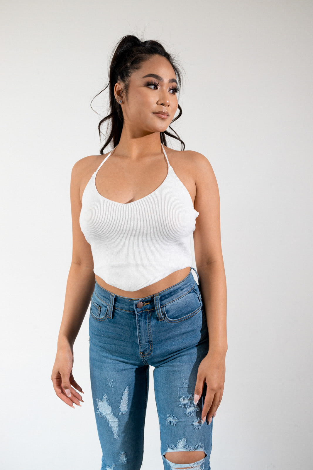 White knit halter top with open back ties - Gianna crop top