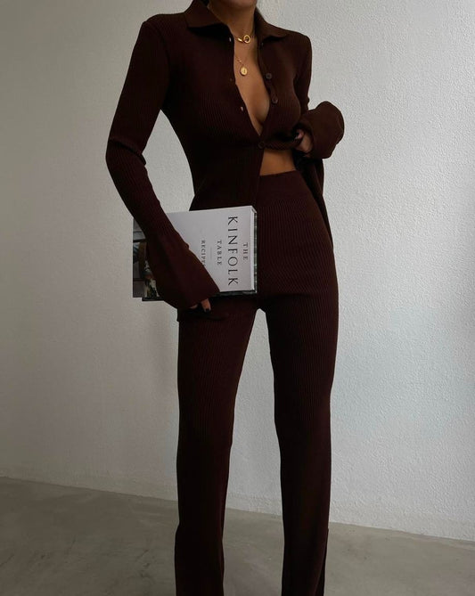 Eniko Ribbed Knit Polo Cuff Sleeves Blouse & Pant Set in Brown - front view