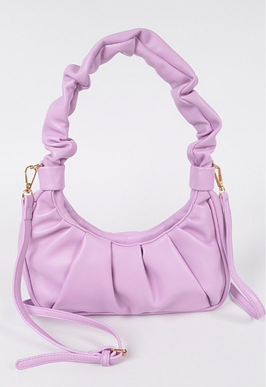 Ella Lilac Pleated Shoulder Bag, showing the front view of the bag with its playful pleated design and lilac color
