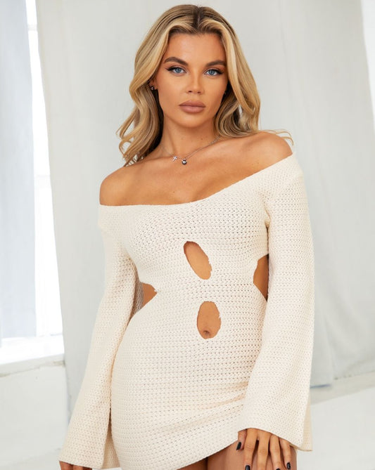 Isla Crochet Long Sleeve Mini Knit Dress - White