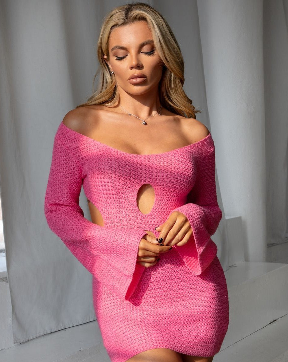 Isla Crochet Long Sleeve Mini Knit Dress - Pink