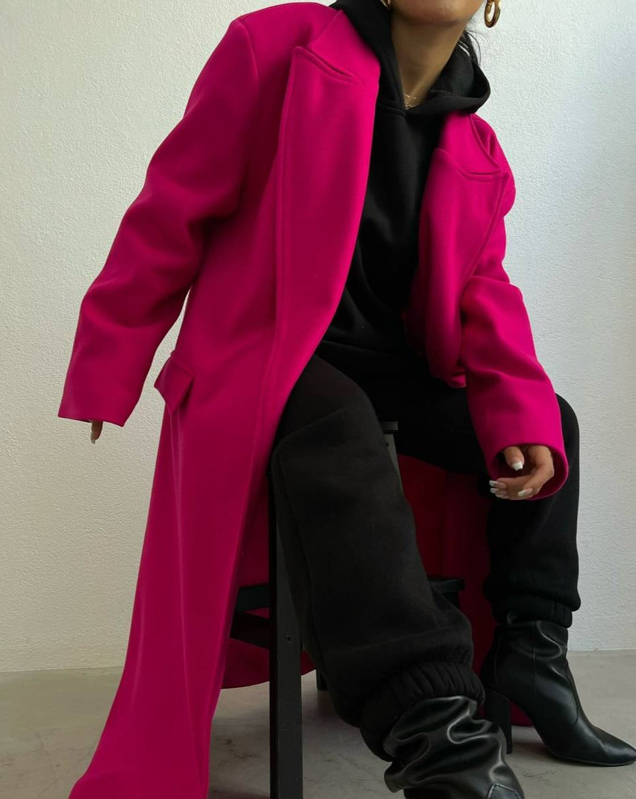 Pink Oversized Maxi Coat with Wide Lapel Collar