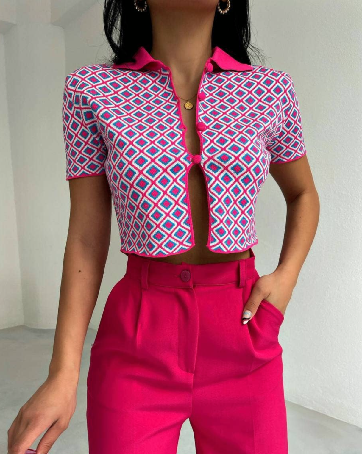 Remi Geometric Knit Jacquard Button Up Polo Cardigan Crop Top - Pink
