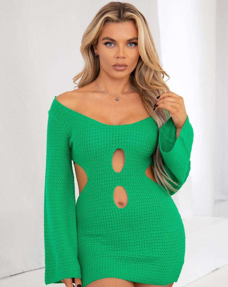 Isla Crochet Long Sleeve Mini Knit Dress - Green