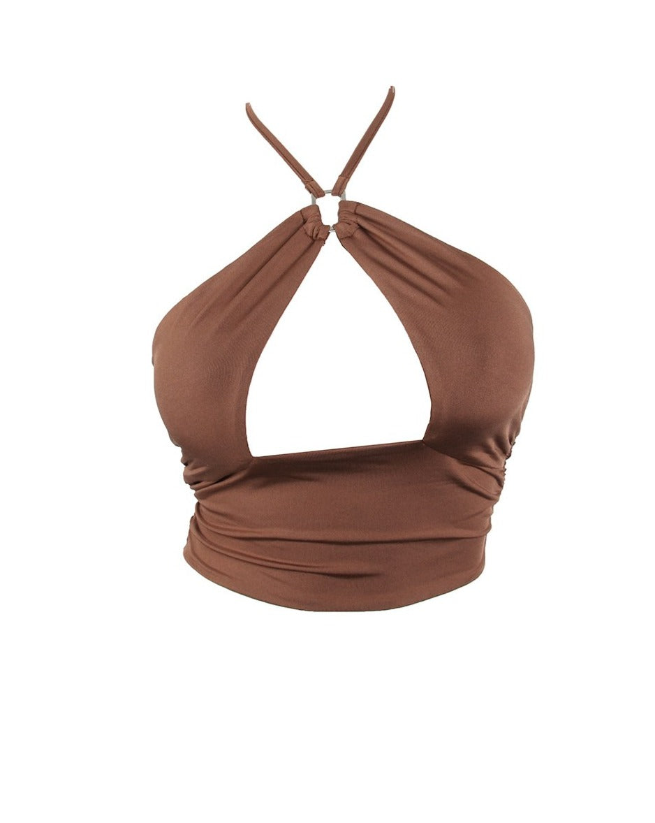 Brown halter crop top with front metal trim and tie detail.