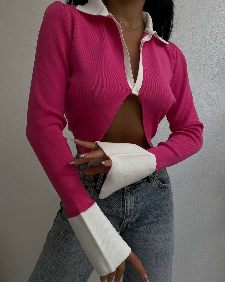 Woman wearing pink Jodi Monochrome Collar Long Sleeve Crop Top