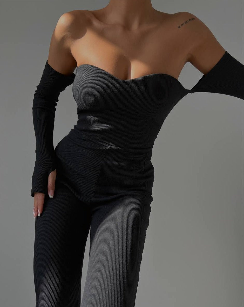 PRE-ORDER True Ribbed Off-Shoulder Full-Sleeve Jumpsuit - Black