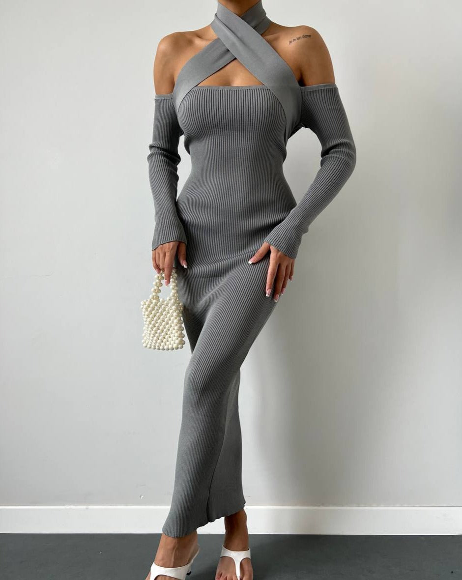 PRE-ORDER Nala Solid Ribbed Knit Maxi Dress - Gray