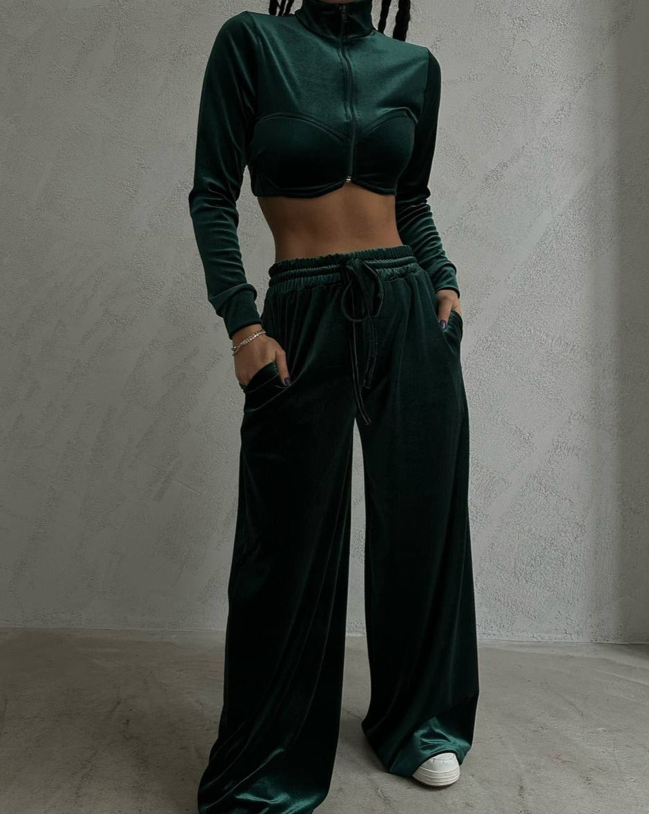 Green velvet tracksuit set - front view