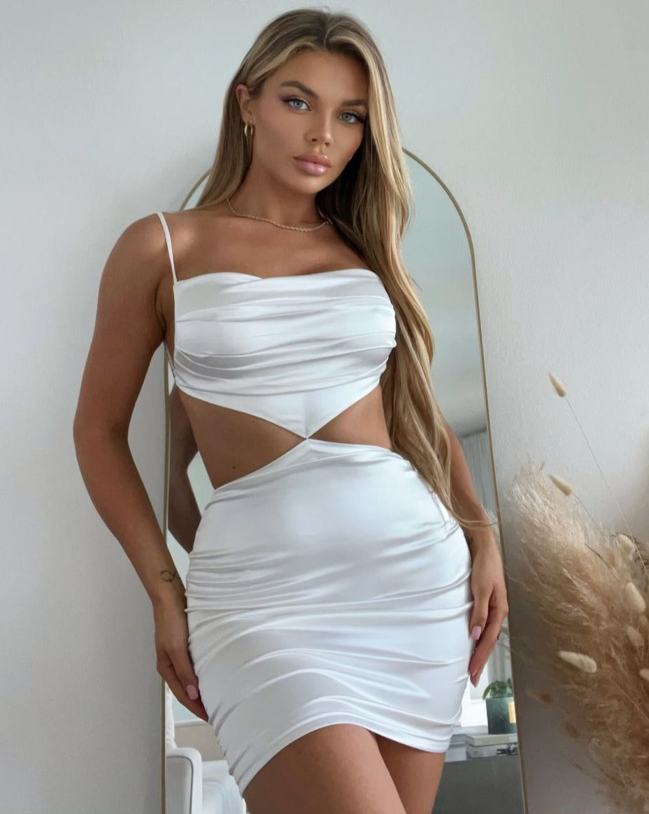 Beautiful white satin mini dress perfect for bridal events and summer nights out