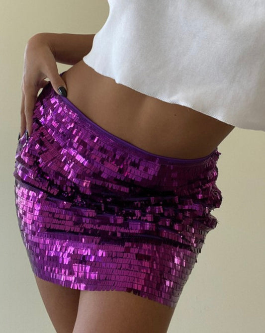 Grape Kimmy Sequin Mini Skirt with shimmering sequins on model