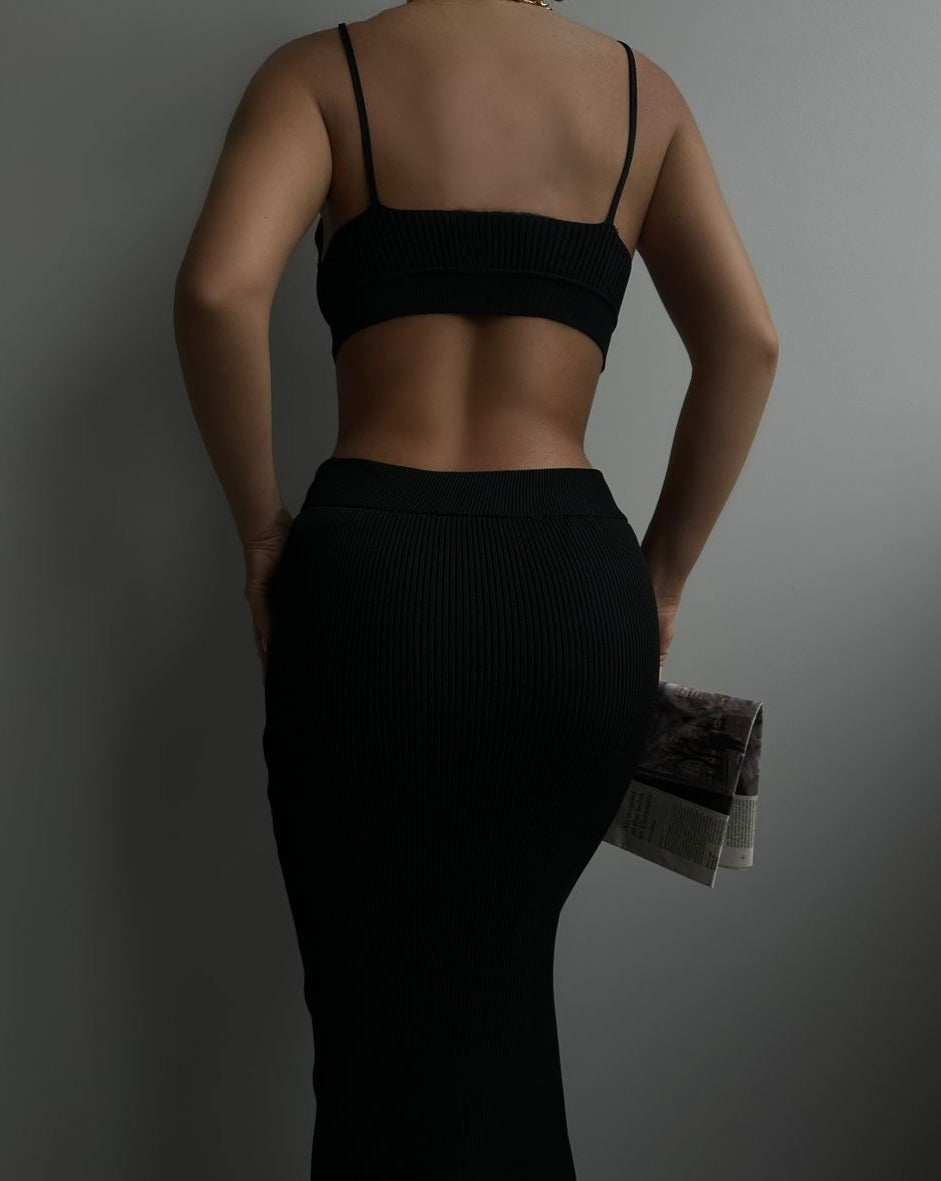 PRE-ORDER Ibiza Crop Top & Slit Maxi Skirt Set Black