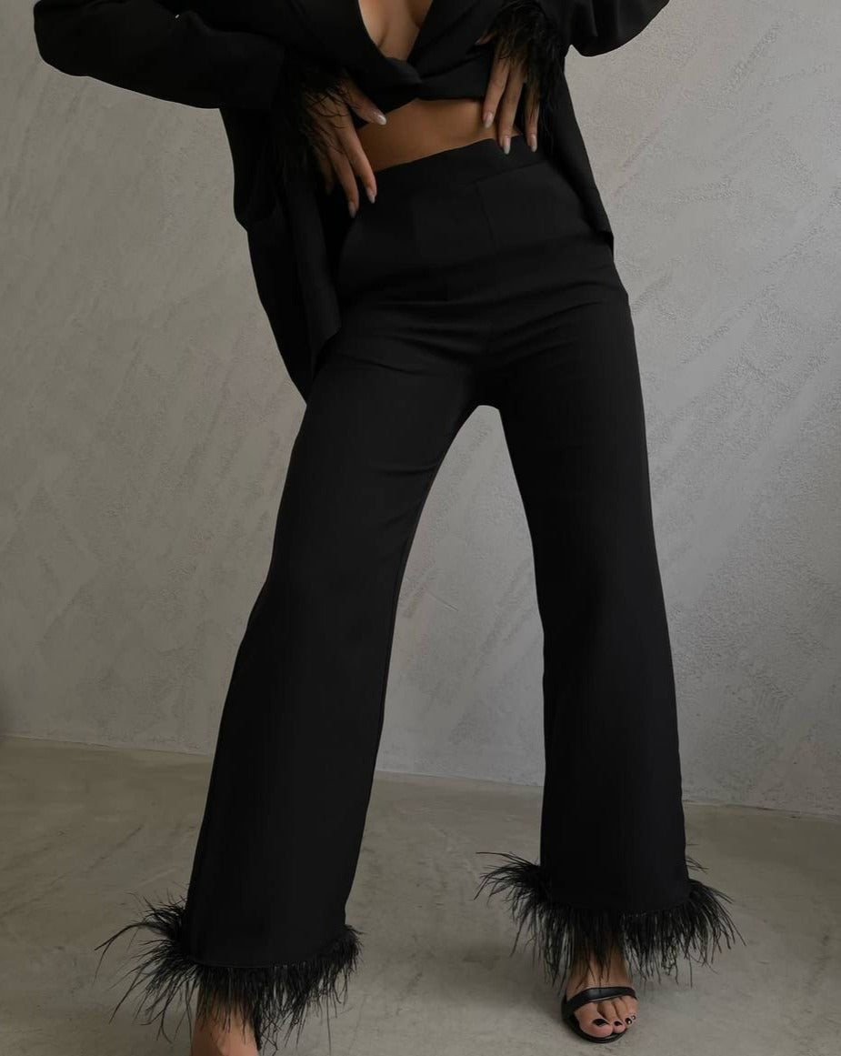 Emilia Feather Detail Blazer & Pant Set In Black