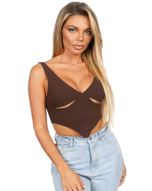 Model wearing the Draya Brown Angled Cut-Out Underbust Crop Top with high-waisted jeans, showcasing the unique underbust detail.