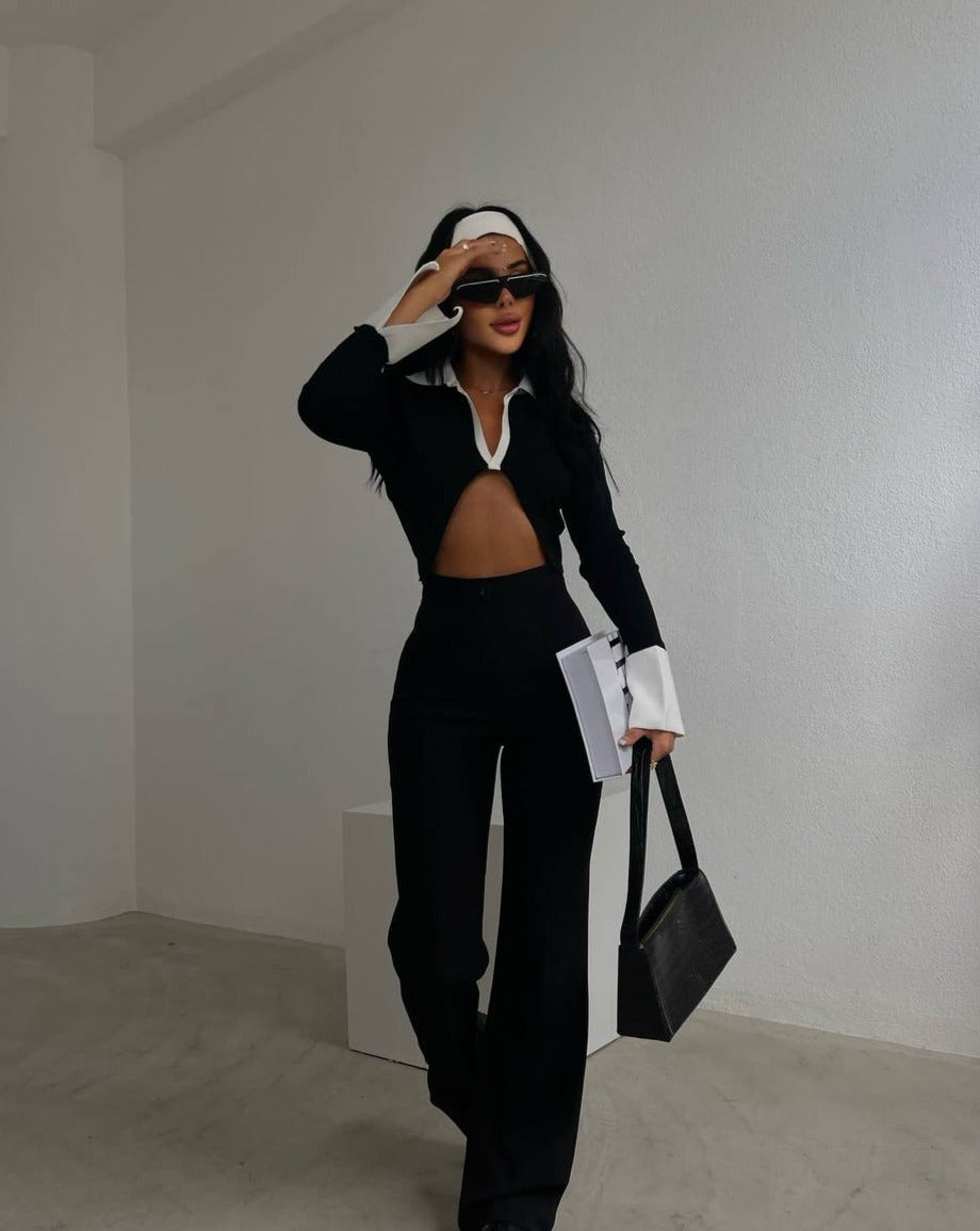 Jodi Black Collar Cutout Long Sleeve Crop Top on model