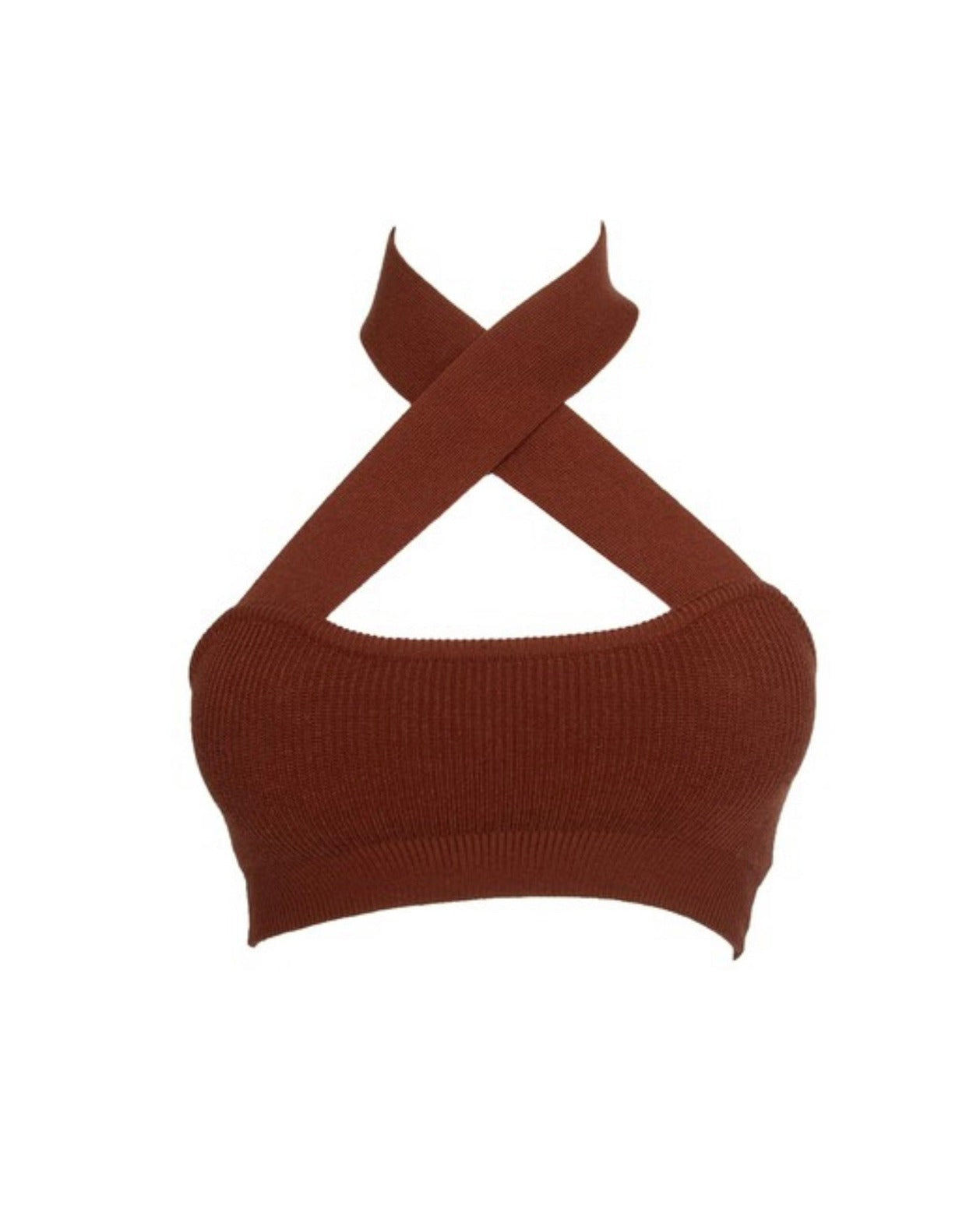 Model wearing the Brown Rib Knit Halter Twist Crop Top, showcasing the unique halter twist detail and form-fitting silhouette.