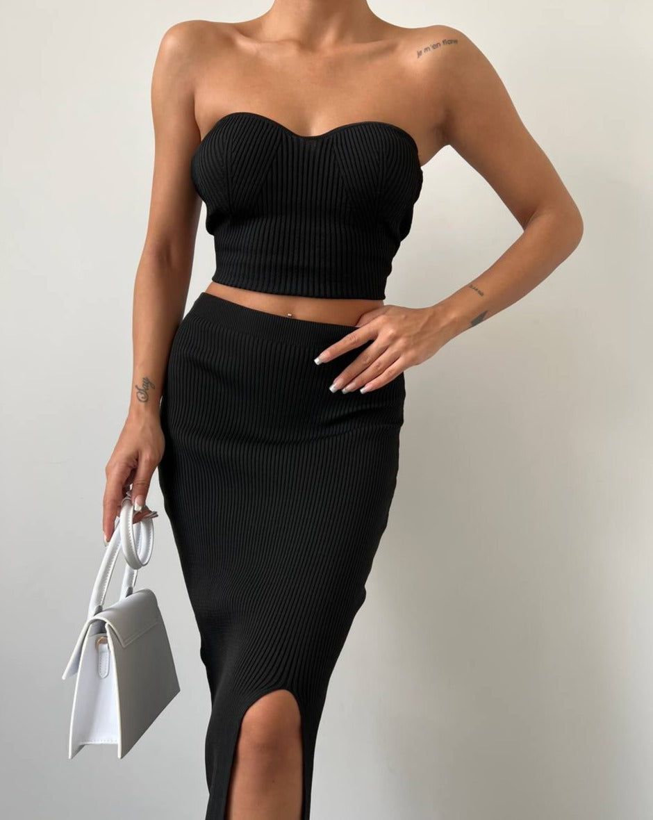 PRE-ORDER Val Knitted Two-Piece Crop Top and Midi Skirt Set - Black