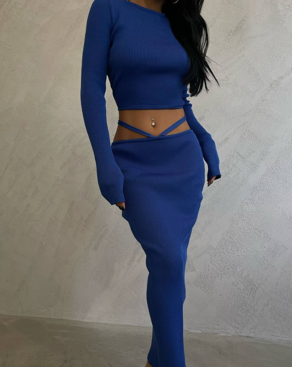 Woman wearing Gisele Blue Knit Co-ord Set with full-sleeve ribbed crop top and pencil maxi skirt