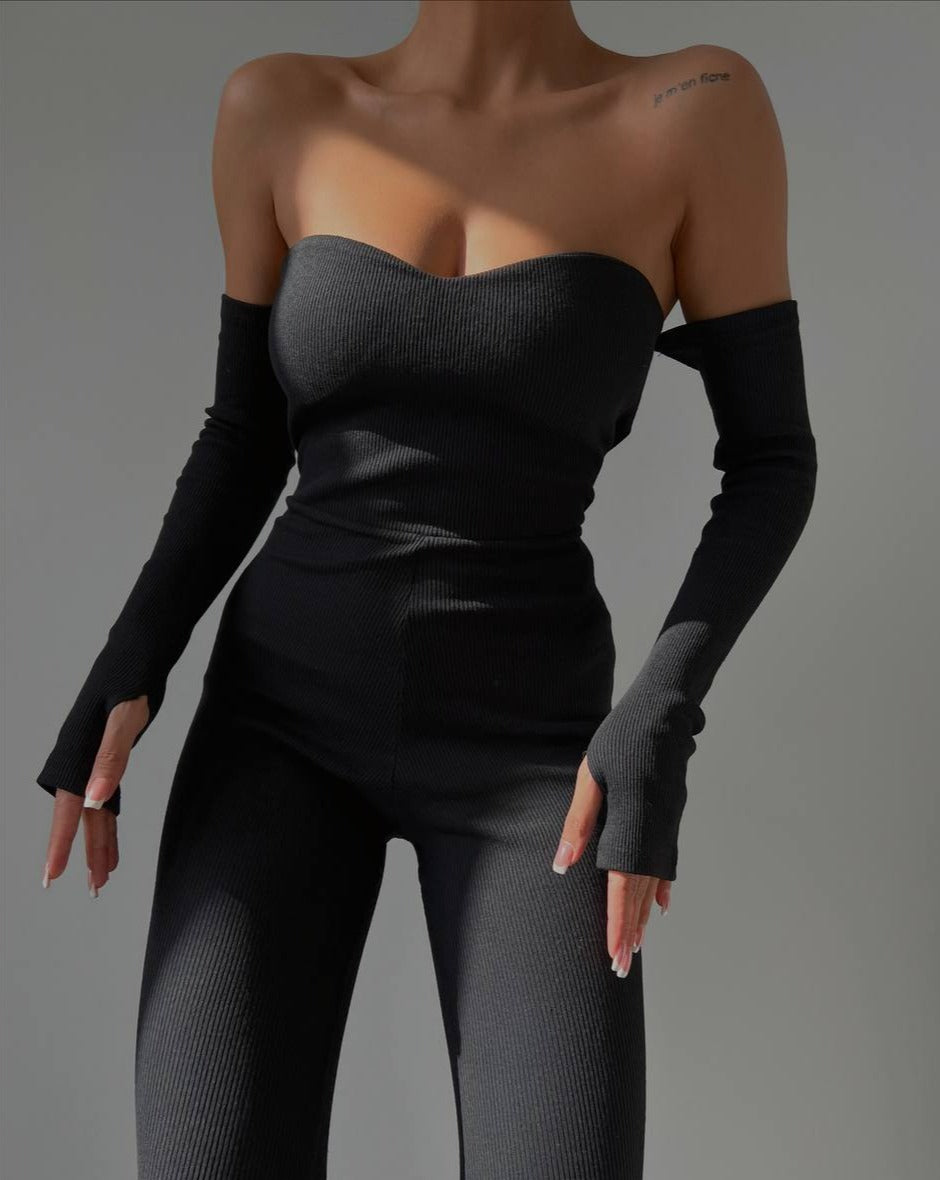 PRE-ORDER True Ribbed Off-Shoulder Full-Sleeve Jumpsuit - Black