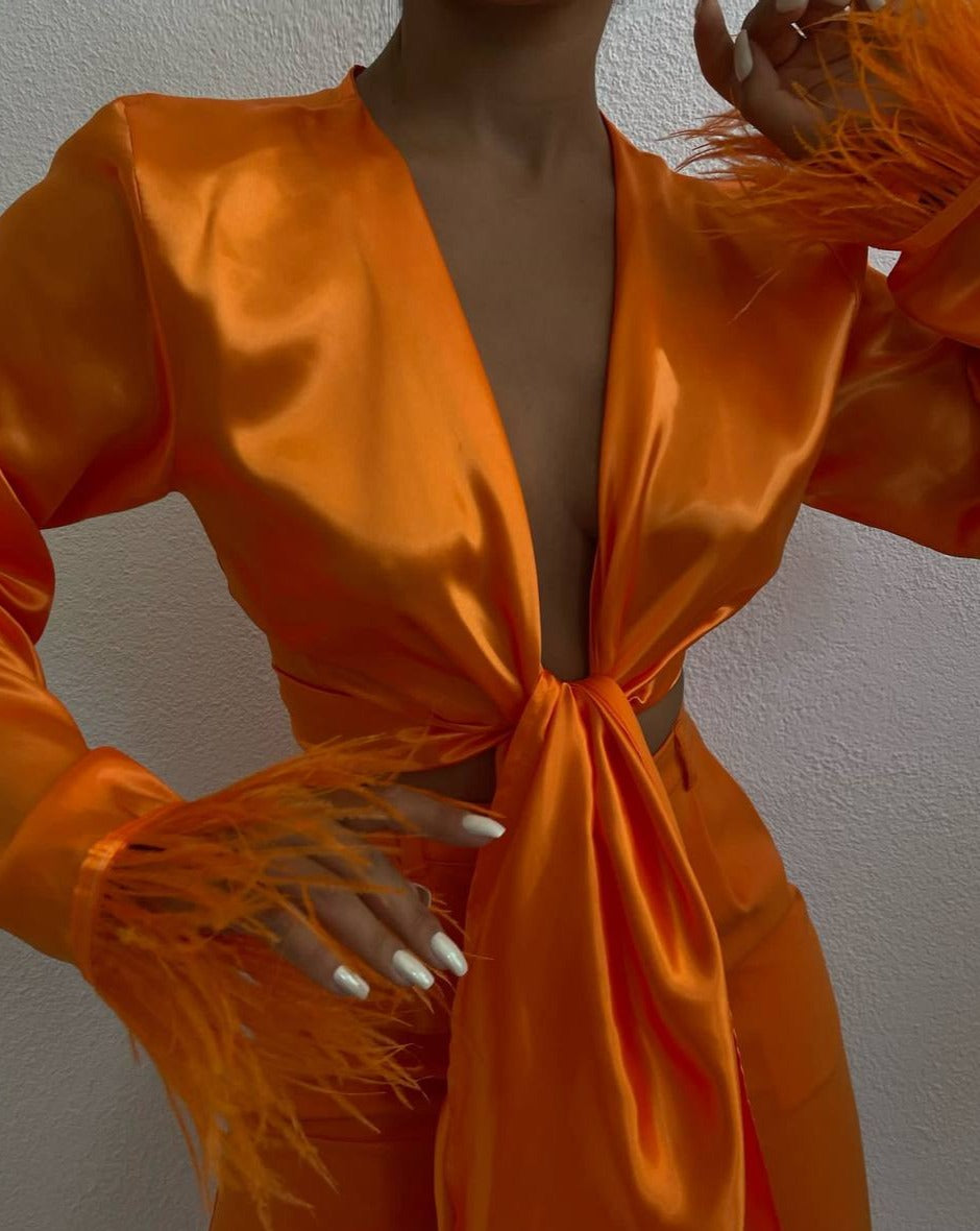 Ferlayne Orange Crop Top with plunge neckline and feather accents