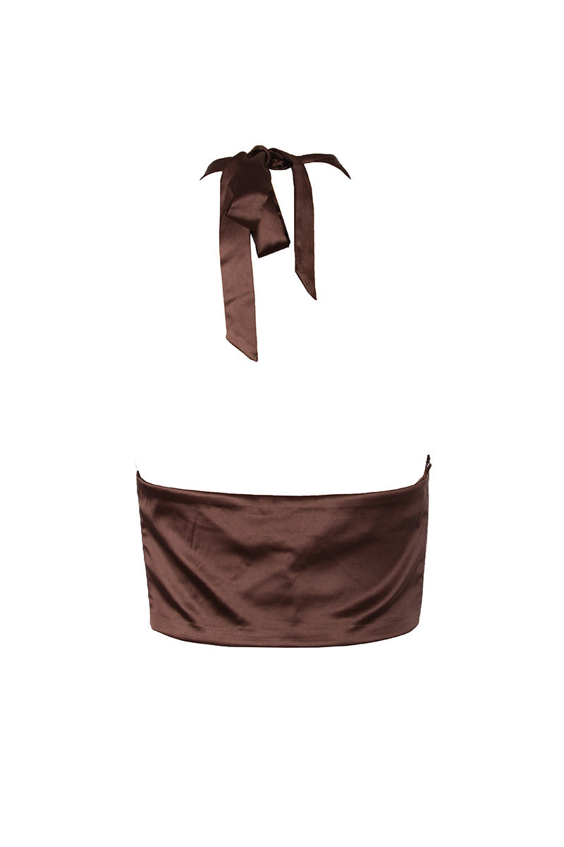 Versatile brown satin halter crop top for a variety of stylish looks
