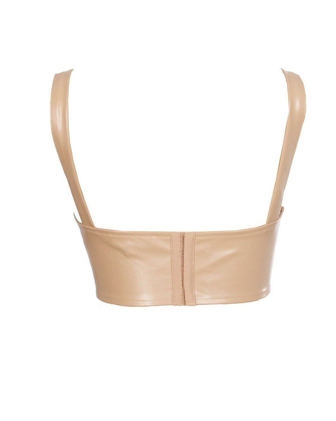 Close-up of the Liv Taupe Leather Corset Crop Top, highlighting its quality materials and sophisticated design.
