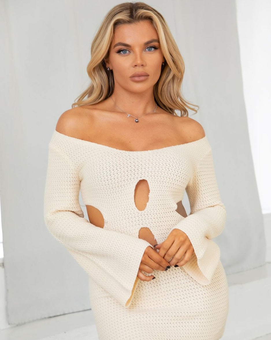 Isla Crochet Long Sleeve Mini Knit Dress - White