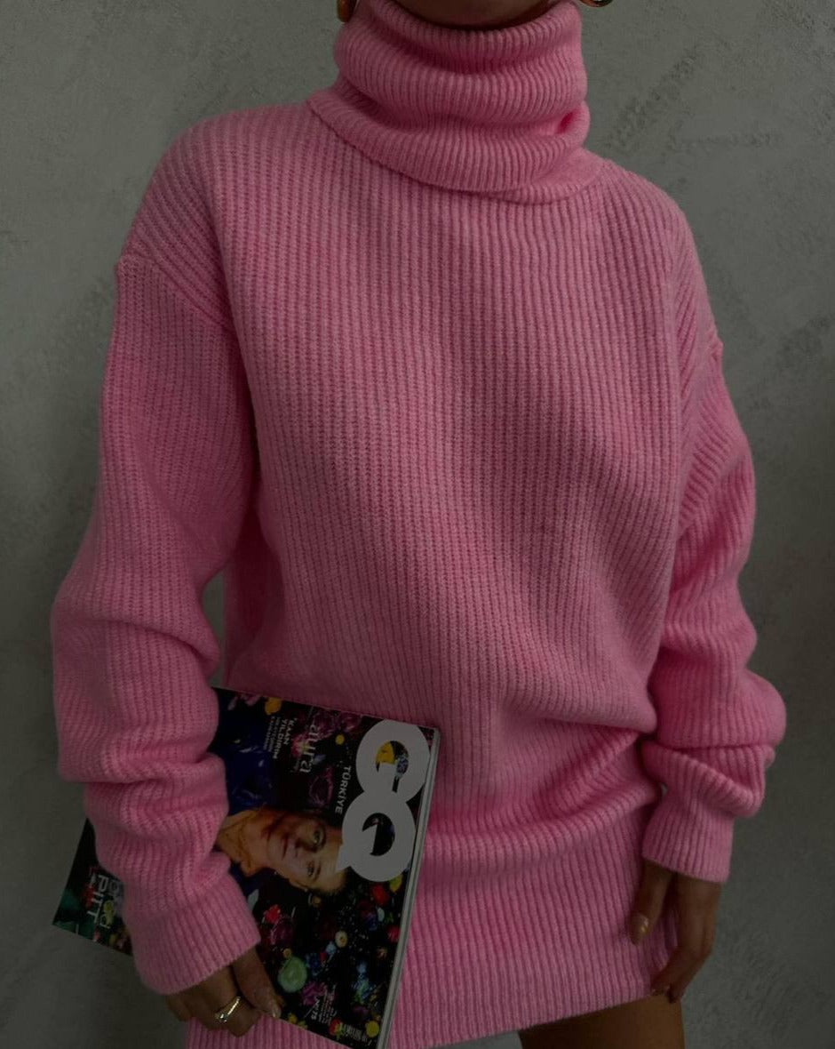 Woman wearing Kai Pink Oversized Turtleneck Sweater Mini Dress
