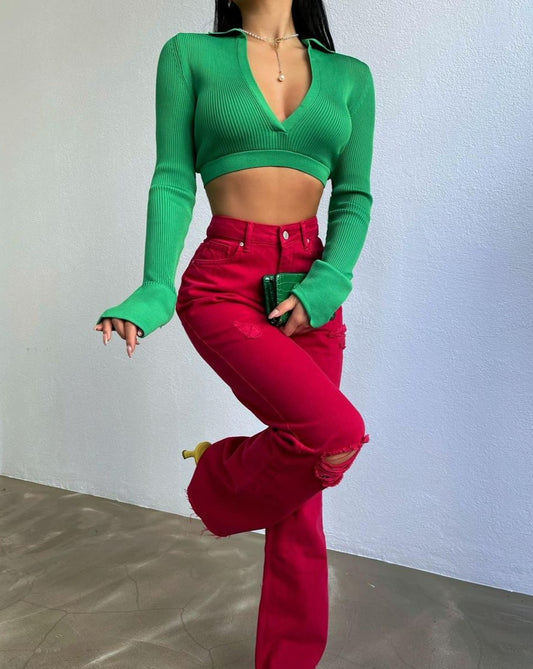 Ava Ribbed V-Neck Collared Long Sleeve Crop Top in Green - Front View