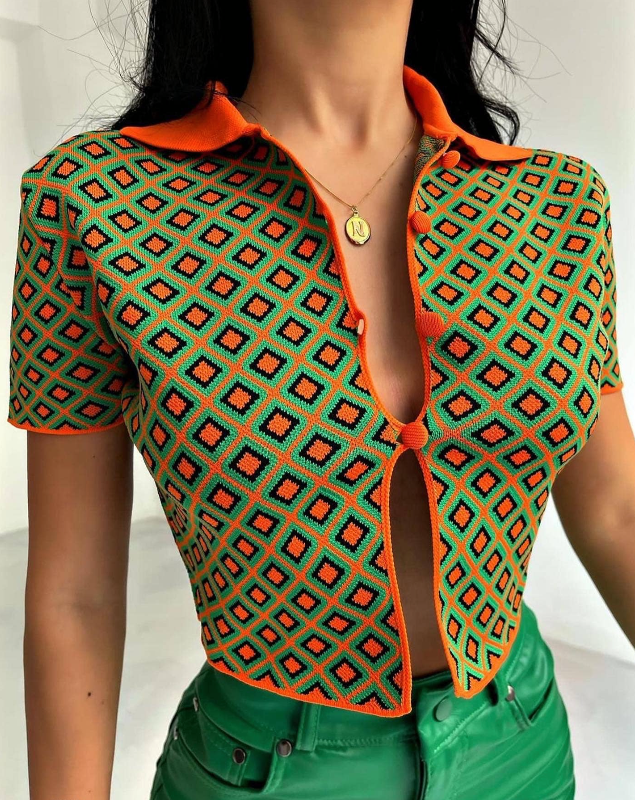 Remi Geometric Knit Jacquard Button Up Polo Cardigan Crop Top - Green