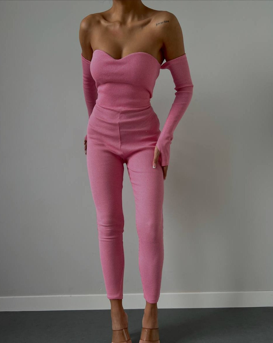 PRE-ORDER True Ribbed Off-Shoulder Full-Sleeve Jumpsuit - Pink